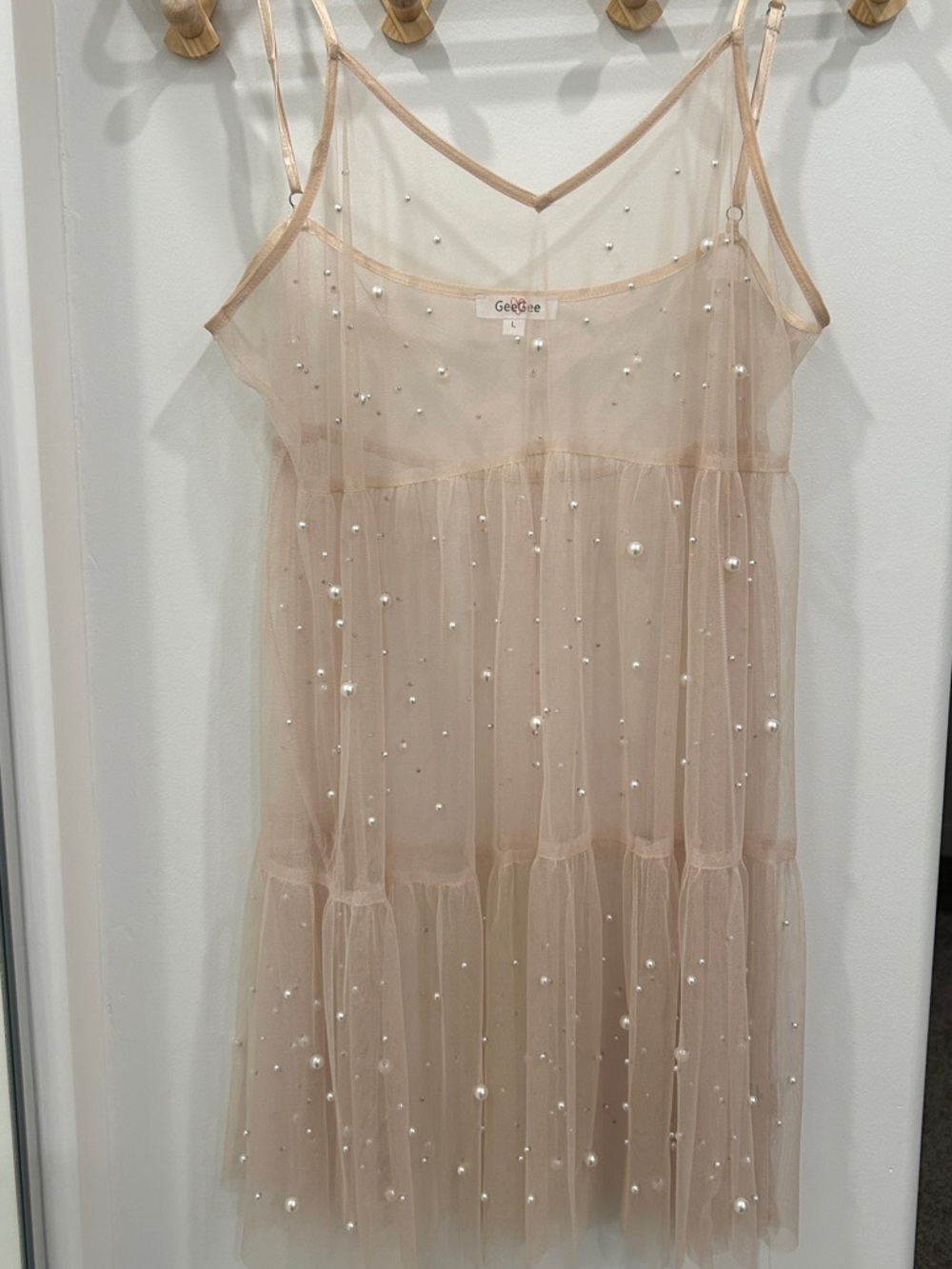 Sheer Pearl-Accent Slip Chemise in Nude by GeeGee